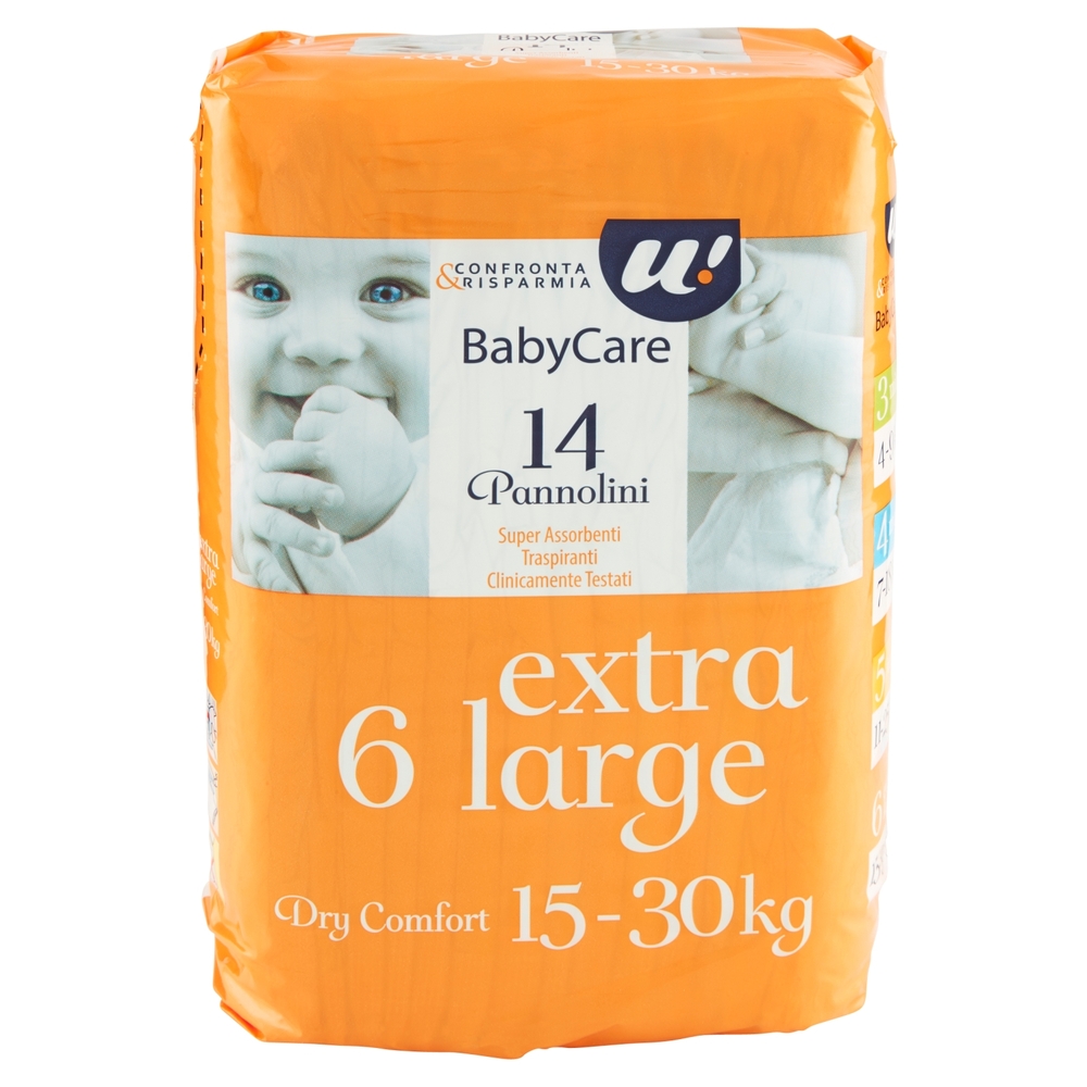 14 PANNOLINI BABY CARE EXTRA LARGE DRY COMFORT 15-30 KG U! Confronta & Risparmia